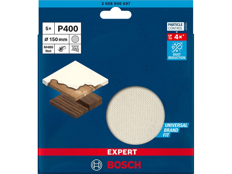 5-delni komplet brusnih mrež Bosch EXPERT M480 za ekscentrične brusilnike, 150mm, Zrnatost: 400, 2608900697